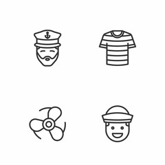 Set line Sailor, Boat propeller, Captain of ship and Striped sailor t-shirt icon. Vector