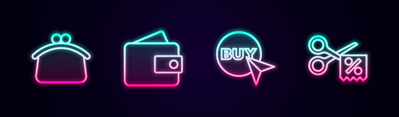 Set line Wallet, Buy button and Scissors cuts discount coupon. Glowing neon icon. Vector