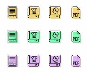 Set line Law book, E-Book reader, History and PDF file document icon. Vector