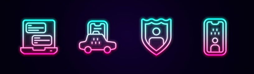 Set line Taxi mobile app, Life insurance with shield and driver license. Glowing neon icon. Vector - obrazy, fototapety, plakaty