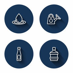 Set line Water drop, Watering can, Bottle of water and Big bottle with clean with long shadow. Blue circle button. Vector