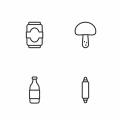 Set line Rolling pin, Bottle of wine, Soda can and Mushroom icon. Vector