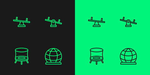 Set line Playground climbing equipment, Jumping trampoline, Seesaw and icon. Vector