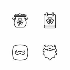 Set line Mustache and beard, Pot of gold coins and Saint Patricks day with calendar icon. Vector