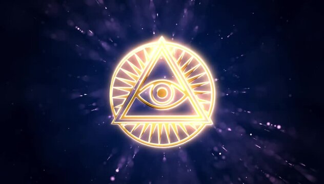 divine golden eye symbol of god, with an eye inside a triangle and stars and sparkles background - animated illuminati icon, emblem of world power for conspiracy theories and new world order