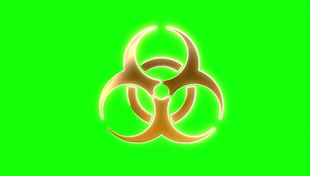 glowing biohazard icon, symbol of biological infections and pandemics - glitter gold logo on green transparent chroma key background
