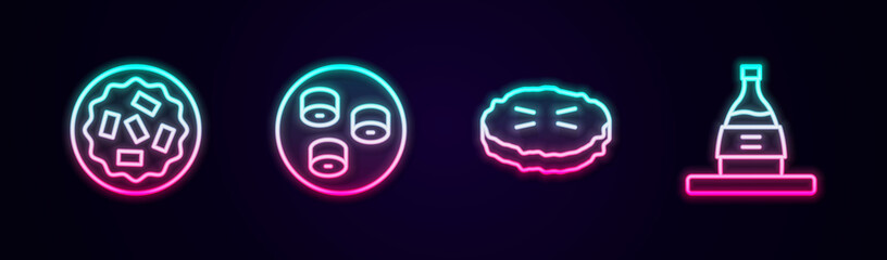 Set line Homemade pie, Sushi, and Bottle of sake. Glowing neon icon. Vector