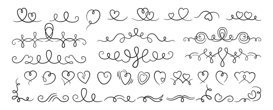 Swirl ornament and divider filigree calligraphic set. Modern frame wedding decor, romantic decorative swirles scroll. Vintage borders curls flourishes decoration. Element design for menu, invitation