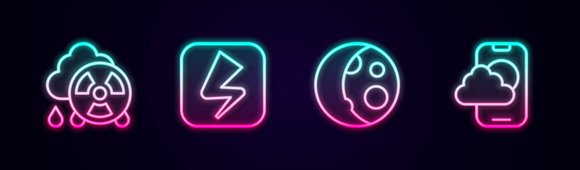 Set line Acid rain radioactive cloud, Lightning bolt, Moon phases and Weather forecast app. Glowing neon icon. Vector