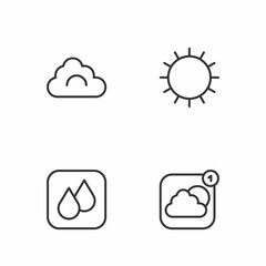 Set line Weather forecast app, Water drop, Cloud and Sun icon. Vector