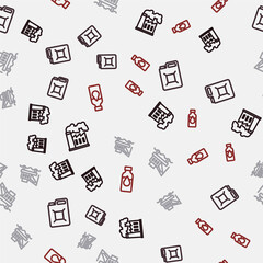 Set line Oil and gas industrial factory, Canister for gasoline, platform the sea and petrol test tube on seamless pattern. Vector