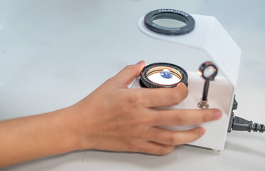 The Gemologist's expertise in her laboratory fix the value of precious stone of the polariscope.