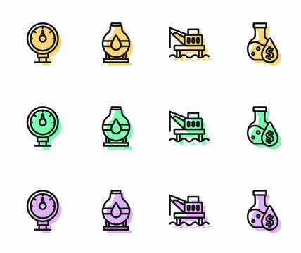 Set line Oil platform in the sea, Motor gas gauge, tank storage and petrol test tube icon. Vector