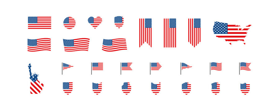 USA flag and map icon set. National symbol of the United States of America. 4th of July. Isolated vector illustration for wab banner