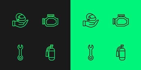 Set line Fire extinguisher, Wrench spanner, Racing helmet and Check engine icon. Vector