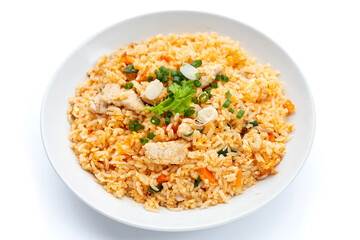 Fried rice in white plate on white background.