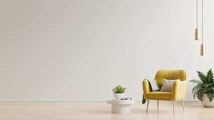 Interior has a yellow armchair on empty white color wall background.