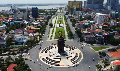 Aerial view of Independence Monument, bottom, and the King Norodom Sihanouk memorial in Phnom Penh,...
