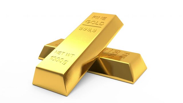 Two Gold bars rotating on a white background close up. 3d generated image
