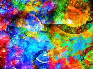 Imagen de arte conceptual digital compuesto de cuartos de esferas coloridas sobre un fondo oscuro en un conjunto que aparenta ser la explosión de satélites en una galaxia vecina. - obrazy, fototapety, plakaty