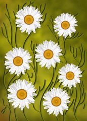 Chamomile flowers on green background illustrationKwiaty rumianku z zielem białe polne kwiaty ilustracja zielone niejednorodne rozmyte tło - obrazy, fototapety, plakaty