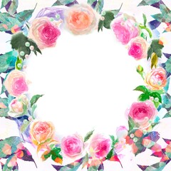 金粉が舞うピンクのバラのフラワーリース水彩画手描きイラストとカラフルな落ち葉が舞う白背景	
