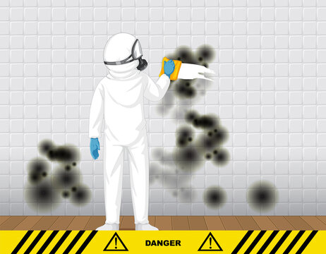 Man in protective hazmat suit cleaning mold on the wall