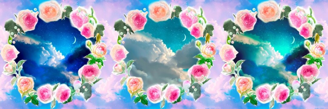 ピエールドロンサールの薔薇のフラワーリース手描き水彩画と青く美しい雲海と三日月の背景画セットイラスト