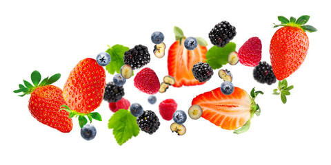 Summer Berries on white background. Strawberry, blueberry, raspberry, blackberry. summer background. ripe juicy berries