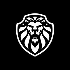 Lion head and shield line art or silhouette logo design. Lion shield emblem vector illustration on dark background