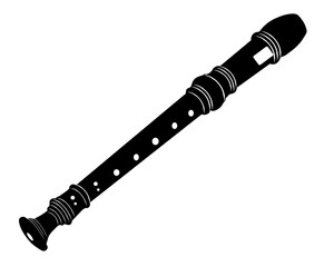 Naklejka premium Black Flute icon. recorder is a wind instrument made from a tube with holes along it that are stopped by the fingers. Vector Illustration isolated on white background.