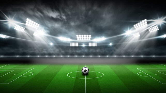 3d rendering Football stadium background, Have a soccer ball in the middle of the field.