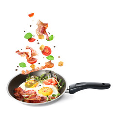 Frying pan with tasty eggs and bacon with flying fresh ingredients on white background