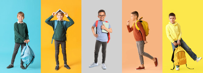 Set of cute schoolboys on colorful background