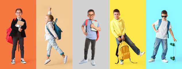 Set of cute schoolchildren on colorful background - obrazy, fototapety, plakaty