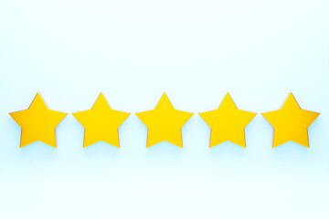 3D illustration. Five yellow stars glossy colors. Achievements for games. Customer rating feedback concept from client