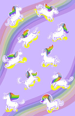 Diseño Stickers Mes del Pride. Unicornios coloridos morado blanco y amarillo , bandera Pride.