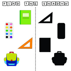 Find a pair or shadow  game with stationery school. Worksheet for preschool kids, kids activity sheet, printable worksheet 