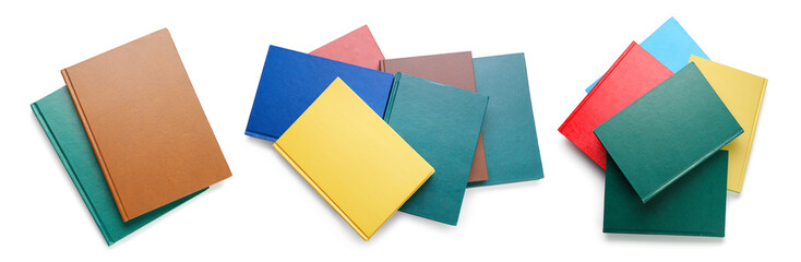  Set of different books on white background, top view
