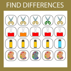 Educational game for children. Find stationery school that are different from others in the row and circle them