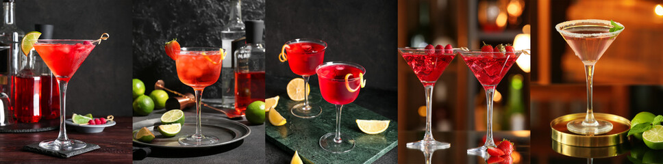 Set of classic cosmopolitan cocktails in glasses on dark background