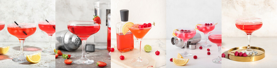 Set of classic cosmopolitan cocktails in glasses on light background - obrazy, fototapety, plakaty