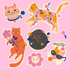 Fototapeta na wymiar Set of stickers with cute cats. Vector graphics.
