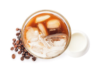Fototapeta na wymiar Glass of cold brew, coffee beans and milk on white background