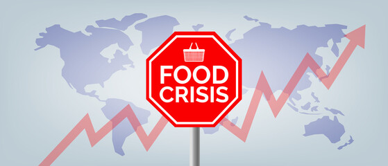 food crisis warning sign on world map background vector illustration