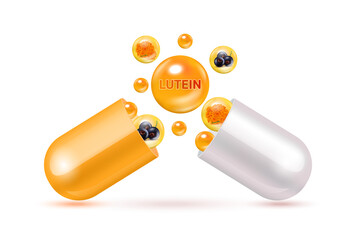 Lutein medicine capsule orange. Vitamin complex with chemical formula from marigold and blackcurrant to nourish eyes. Medical and healthcare concept. 3D Vector. Isolated on a white background.