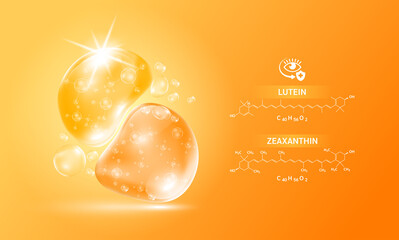 Drop water Zeaxanthin and lutein orange and structure. Vitamin complex with Chemical formula from marigold to nourish eyes. Medical scientific and healthcare concept. 3D Realistic Vector EPS10. - obrazy, fototapety, plakaty