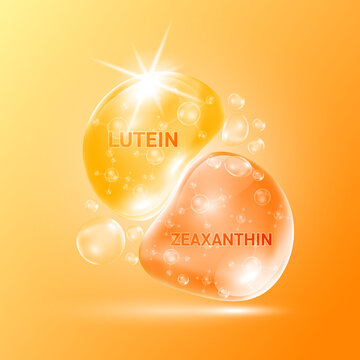 Drop water Zeaxanthin and lutein orange. Vitamin complex with Chemical formula from marigold to nourish eyes. Medical scientific and healthcare concept. 3D Realistic Vector EPS10.