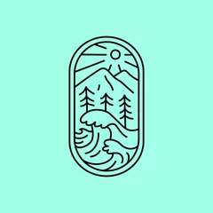 Fototapeten highlands mountains pine tree forest with ocean sea wave nature landscape badge logo design vector illustration © Naufal