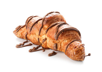 Delicious croissants with chocolate on white background